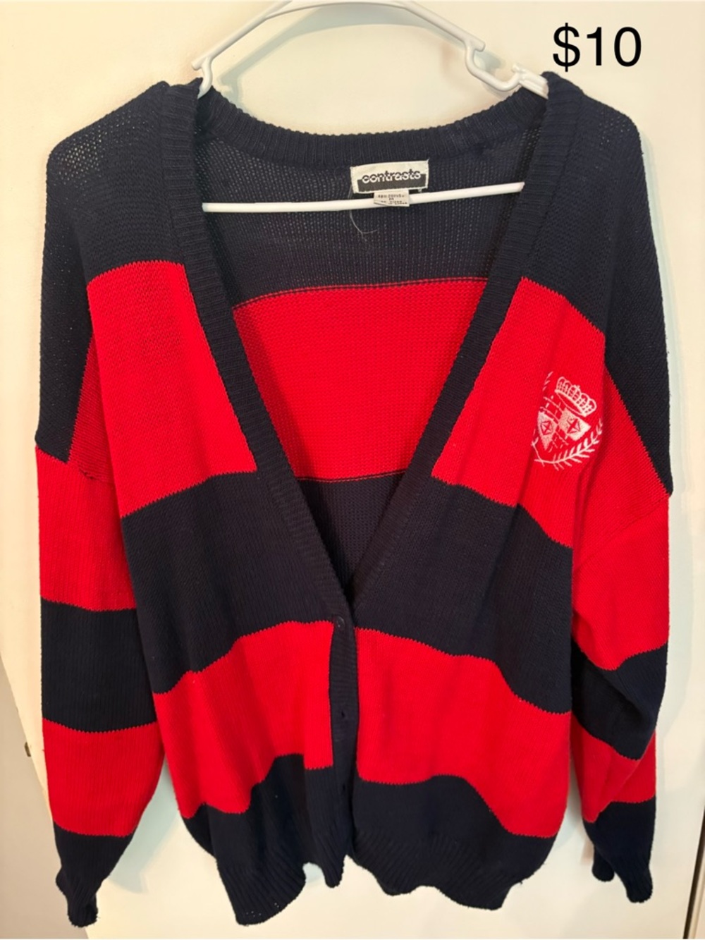 Vintage Contrast Red and Navy Striped V-Neck Cardigan